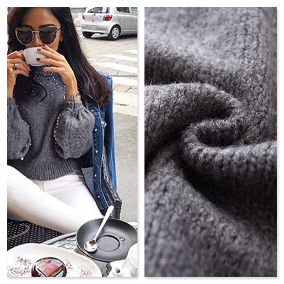 Pearl Beading Lantern Sleeve High Neck Sweater - Picture 5 of 8